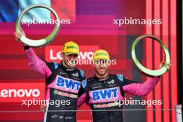 (L to R): Esteban Ocon (FRA) Alpine F1 Team celebrates his second position on the podium with third placed team mate Pierre Gasly (FRA) Alpine F1 Team. 03.11.2024. Formula 1 World Championship, Rd 21, Brazilian Grand Prix, Sao Paulo, Brazil, Race Day.