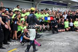 Pierre Gasly (FRA) Alpine F1 Team celebrates his third place finish with the team. 03.11.2024. Formula 1 World Championship, Rd 21, Brazilian Grand Prix, Sao Paulo, Brazil, Race Day.