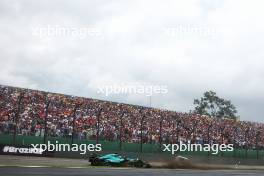 Lance Stroll (CDN) Aston Martin F1 Team AMR24 crashes on the formation lap. 03.11.2024. Formula 1 World Championship, Rd 21, Brazilian Grand Prix, Sao Paulo, Brazil, Race Day.