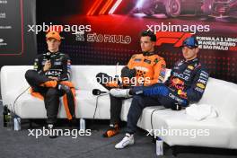 (L to R): Oscar Piastri (AUS) McLaren; Lando Norris (GBR) McLaren; and Max Verstappen (NLD) Red Bull Racing, in the post Sprint FIA Press Conference. 02.11.2024. Formula 1 World Championship, Rd 21, Brazilian Grand Prix, Sao Paulo, Brazil, Sprint and Qualifying Day.