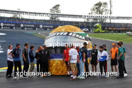 F1 drivers lined up at the Senna S with a tribute helmet of Ayrton Senna made from recycled materials. 31.10.2024. Formula 1 World Championship, Rd 21, Brazilian Grand Prix, Sao Paulo, Brazil, Preparation Day.