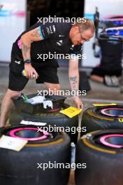 Alpine F1 Team mechanic prepares Pirelli tyres. 31.10.2024. Formula 1 World Championship, Rd 21, Brazilian Grand Prix, Sao Paulo, Brazil, Preparation Day.