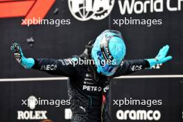 George Russell (GBR) Mercedes AMG F1 celebrates his pole position in qualifying parc ferme. 08.06.2024. Formula 1 World Championship, Rd 9, Canadian Grand Prix, Montreal, Canada, Qualifying Day.