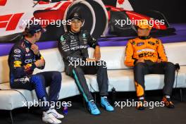 (L to R): Max Verstappen (NLD) Red Bull Racing; George Russell (GBR) Mercedes AMG F1; and Lando Norris (GBR) McLaren, in the post qualifying FIA Press Conference. 08.06.2024. Formula 1 World Championship, Rd 9, Canadian Grand Prix, Montreal, Canada, Qualifying Day.