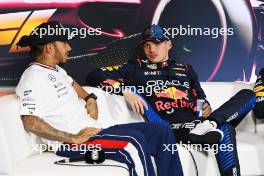 (L to R): Lewis Hamilton (GBR) Mercedes AMG F1 and Max Verstappen (NLD) Red Bull Racing in the post Sprint FIA Press Conference.