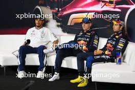 (L to R): Lewis Hamilton (GBR) Mercedes AMG F1; Max Verstappen (NLD) Red Bull Racing; and Sergio Perez (MEX) Red Bull Racing, in the post Sprint FIA Press Conference.