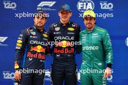 Qualifying top three in parc ferme (L to R): Sergio Perez (MEX) Red Bull Racing, second; Max Verstappen (NLD) Red Bull Racing, pole position; Fernando Alonso (ESP) Aston Martin F1 Team, third. 20.04.2024. Formula 1 World Championship, Rd 5, Chinese Grand Prix, Shanghai, China, Sprint and Qualifying Day.