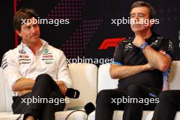 (L to R): Toto Wolff (GER) Mercedes AMG F1 Shareholder and Executive Director and Bruno Famin (FRA) Alpine Motorsports Vice President and Alpine F1 Team Team Principal, in the FIA Press Conference. 21.06.2024 Formula 1 World Championship, Rd 10, Spanish Grand Prix, Barcelona, Spain, Practice Day.