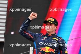 Race winner Max Verstappen (NLD) Red Bull Racing celebrates on the podium. 23.06.2024. Formula 1 World Championship, Rd 10, Spanish Grand Prix, Barcelona, Spain, Race Day.