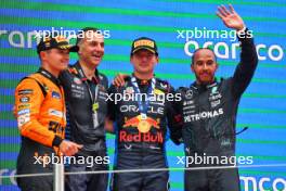 The podium (L to R): Lando Norris (GBR) McLaren, second; Max Verstappen (NLD) Red Bull Racing, race winner; Lewis Hamilton (GBR) Mercedes AMG F1, third. 23.06.2024. Formula 1 World Championship, Rd 10, Spanish Grand Prix, Barcelona, Spain, Race Day.