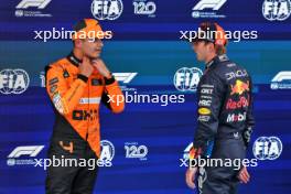 (L to R): Pole sitter Lando Norris (GBR) McLaren with second placed Max Verstappen (NLD) Red Bull Racing in qualifying parc ferme. 22.06.2024. Formula 1 World Championship, Rd 10, Spanish Grand Prix, Barcelona, Spain, Qualifying Day.