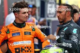 (L to R): Pole sitter Lando Norris (GBR) McLaren with third placed Lewis Hamilton (GBR) Mercedes AMG F1 in qualifying parc ferme. 22.06.2024. Formula 1 World Championship, Rd 10, Spanish Grand Prix, Barcelona, Spain, Qualifying Day.