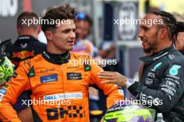 (L to R): Pole sitter Lando Norris (GBR) McLaren with third placed Lewis Hamilton (GBR) Mercedes AMG F1 in qualifying parc ferme. 22.06.2024. Formula 1 World Championship, Rd 10, Spanish Grand Prix, Barcelona, Spain, Qualifying Day.
