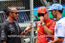 (L to R): Lewis Hamilton (GBR) Mercedes AMG F1; Charles Leclerc (MON) Ferrari; and Pierre Gasly (FRA) Alpine F1 Team, on the drivers' parade. 23.06.2024. Formula 1 World Championship, Rd 10, Spanish Grand Prix, Barcelona, Spain, Race Day.
