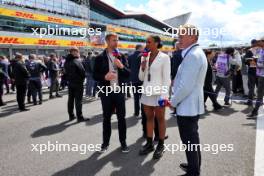 (L to R): Jenson Button (GBR) Sky Sports F1 Presenter / Williams Racing Senior Advisor with Naomi Schiff (RWA) / (BEL) Sky Sports F1 Presenter and Simon Lazenby (GBR) Sky Sports F1 TV Presenter on the grid. 07.07.2024. Formula 1 World Championship, Rd 12, British Grand Prix, Silverstone, England, Race Day.