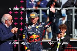 Max Verstappen (NLD) Red Bull Racing celebrates his second position on the podium. 07.07.2024. Formula 1 World Championship, Rd 12, British Grand Prix, Silverstone, England, Race Day.