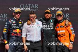 The podium (L to R): Max Verstappen (NLD) Red Bull Racing, second; Peter Bonnington (GBR) Mercedes AMG F1 Race Engineer; Lewis Hamilton (GBR) Mercedes AMG F1, race winner; Lando Norris (GBR) McLaren, third. 07.07.2024. Formula 1 World Championship, Rd 12, British Grand Prix, Silverstone, England, Race Day.
