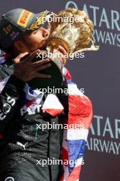 Race winner Lewis Hamilton (GBR) Mercedes AMG F1 celebrates on the podium. 07.07.2024. Formula 1 World Championship, Rd 12, British Grand Prix, Silverstone, England, Race Day.