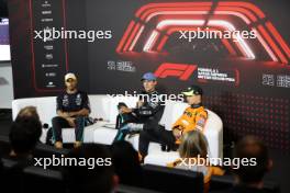 (L to R): Lewis Hamilton (GBR) Mercedes AMG F1; George Russell (GBR) Mercedes AMG F1; and Lando Norris (GBR) McLaren, in the post qualifying FIA Press Conference. 06.07.2024. Formula 1 World Championship, Rd 12, British Grand Prix, Silverstone, England, Qualifying Day.