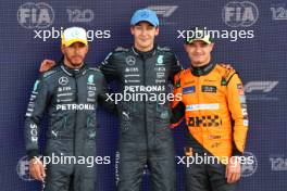 Qualifying top three in parc ferme (L to R): Lewis Hamilton (GBR) Mercedes AMG F1, second; George Russell (GBR) Mercedes AMG F1, pole position; Lando Norris (GBR) McLaren, third. 06.07.2024. Formula 1 World Championship, Rd 12, British Grand Prix, Silverstone, England, Qualifying Day.