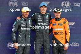Qualifying top three in parc ferme (L to R): Lewis Hamilton (GBR) Mercedes AMG F1, second; George Russell (GBR) Mercedes AMG F1, pole position; Lando Norris (GBR) McLaren, third. 06.07.2024. Formula 1 World Championship, Rd 12, British Grand Prix, Silverstone, England, Qualifying Day.