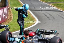 George Russell (GBR) Mercedes AMG F1 celebrates his pole position in qualifying parc ferme. 06.07.2024. Formula 1 World Championship, Rd 12, British Grand Prix, Silverstone, England, Qualifying Day.