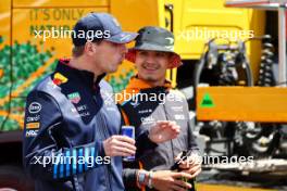 (L to R): Max Verstappen (NLD) Red Bull Racing and Lando Norris (GBR) McLaren on the drivers' parade. 07.07.2024. Formula 1 World Championship, Rd 12, British Grand Prix, Silverstone, England, Race Day.