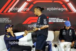 (L to R): Sergio Perez (MEX) Red Bull Racing and Lewis Hamilton (GBR) Mercedes AMG F1 in the FIA Press Conference. 04.07.2024. Formula 1 World Championship, Rd 12, British Grand Prix, Silverstone, England, Preparation Day.