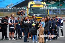 Lewis Hamilton (GBR) Mercedes AMG F1 with Natalie Pinkham (GBR) Sky Sports Presenter; Naomi Schiff (RWA) / (BEL) Sky Sports F1 Presenter; and Martin Brundle (GBR) Sky Sports F1 Commentator. 04.07.2024. Formula 1 World Championship, Rd 12, British Grand Prix, Silverstone, England, Preparation Day.