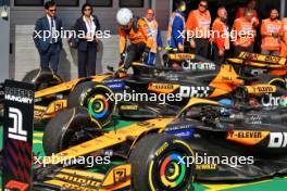 Rew Oscar Piastri (AUS) McLaren MCL38 and second placed team mate Lando Norris (GBR) McLaren MCL38 in parc ferme. 21.07.2024. Formula 1 World Championship, Rd 13, Hungarian Grand Prix, Budapest, Hungary, Race Day.