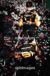 Race winner Oscar Piastri (AUS) McLaren celebrates on the podium with second placed team mate Lando Norris (GBR) McLaren. 21.07.2024. Formula 1 World Championship, Rd 13, Hungarian Grand Prix, Budapest, Hungary, Race Day.