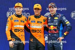 Qualifying top three in parc ferme (L to R): Oscar Piastri (AUS) McLaren, second; Lando Norris (GBR) McLaren, pole position; Max Verstappen (NLD) Red Bull Racing, third. 20.07.2024. Formula 1 World Championship, Rd 13, Hungarian Grand Prix, Budapest, Hungary, Qualifying Day.