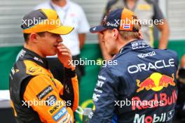 (L to R): Pole sitter Lando Norris (GBR) McLaren in qualifying parc ferme with third placed Max Verstappen (NLD) Red Bull Racing. 20.07.2024. Formula 1 World Championship, Rd 13, Hungarian Grand Prix, Budapest, Hungary, Qualifying Day.