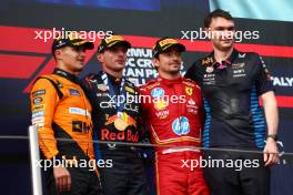 1st place Max Verstappen (NLD) Red Bull Racing RB20, 2nd place Lando Norris (GBR) McLaren MCL38 and 3rd place Charles Leclerc (MON) Ferrari SF-24 with David Morgan (GBR) Red Bull Racing Aero Trackside Performance Team Leader. 19.05.2024. Formula 1 World Championship, Rd 7, Emilia Romagna Grand Prix, Imola, Italy, Race Day.
