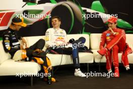 (L to R): Lando Norris (GBR) McLaren; Max Verstappen (NLD) Red Bull Racing; and Charles Leclerc (MON) Ferrari, in the post race FIA Press Conference. 19.05.2024. Formula 1 World Championship, Rd 7, Emilia Romagna Grand Prix, Imola, Italy, Race Day.