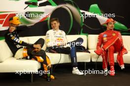 (L to R): Lando Norris (GBR) McLaren; Max Verstappen (NLD) Red Bull Racing; and Charles Leclerc (MON) Ferrari, in the post race FIA Press Conference. 19.05.2024. Formula 1 World Championship, Rd 7, Emilia Romagna Grand Prix, Imola, Italy, Race Day.
