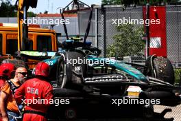 The Aston Martin F1 Team AMR24 of Fernando Alonso (ESP) is recovered back to the pits on the back of a truck after he crashed in the third practice session. 18.05.2024. Formula 1 World Championship, Rd 7, Emilia Romagna Grand Prix, Imola, Italy, Qualifying Day.