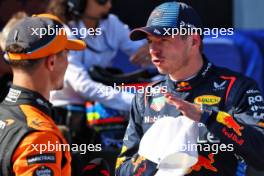 (L to R): Third placed Lando Norris (GBR) McLaren in qualifying parc ferme with pole sitter Max Verstappen (NLD) Red Bull Racing. 18.05.2024. Formula 1 World Championship, Rd 7, Emilia Romagna Grand Prix, Imola, Italy, Qualifying Day.