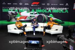 (L to R): Oscar Piastri (AUS) McLaren; Max Verstappen (NLD) Red Bull Racing; and Lando Norris (GBR) McLaren, in the post qualifying FIA Press Conference. 18.05.2024. Formula 1 World Championship, Rd 7, Emilia Romagna Grand Prix, Imola, Italy, Qualifying Day.