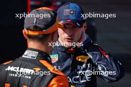 Pole sitter Max Verstappen (NLD) Red Bull Racing in qualifying parc ferme with Lando Norris (GBR) McLaren. 18.05.2024. Formula 1 World Championship, Rd 7, Emilia Romagna Grand Prix, Imola, Italy, Qualifying Day.