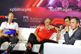 (L to R): Peter Bayer (AUT) RB Chief Executive Officer; Frederic Vasseur (FRA) Ferrari Team Principal; and Toto Wolff (GER) Mercedes AMG F1 Shareholder and Executive Director, in the FIA Press Conference. 30.08.2024. Formula 1 World Championship, Rd 16, Italian Grand Prix, Monza, Italy, Practice Day.