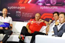 (L to R): Peter Bayer (AUT) RB Chief Executive Officer; Frederic Vasseur (FRA) Ferrari Team Principal; and Toto Wolff (GER) Mercedes AMG F1 Shareholder and Executive Director, in the FIA Press Conference. 30.08.2024. Formula 1 World Championship, Rd 16, Italian Grand Prix, Monza, Italy, Practice Day.