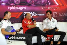 (L to R): Peter Bayer (AUT) RB Chief Executive Officer; Frederic Vasseur (FRA) Ferrari Team Principal; and Toto Wolff (GER) Mercedes AMG F1 Shareholder and Executive Director, in the FIA Press Conference. 30.08.2024. Formula 1 World Championship, Rd 16, Italian Grand Prix, Monza, Italy, Practice Day.