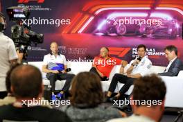 (L to R): Peter Bayer (AUT) RB Chief Executive Officer; Frederic Vasseur (FRA) Ferrari Team Principal; and Toto Wolff (GER) Mercedes AMG F1 Shareholder and Executive Director, in the FIA Press Conference. 30.08.2024. Formula 1 World Championship, Rd 16, Italian Grand Prix, Monza, Italy, Practice Day.