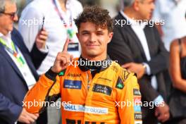 Lando Norris (GBR) McLaren celebrates his pole position in qualifying parc ferme. 31.08.2024. Formula 1 World Championship, Rd 16, Italian Grand Prix, Monza, Italy, Qualifying Day.