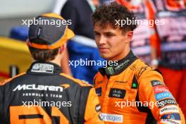 Pole sitter Lando Norris (GBR) McLaren (Right) in qualifying parc ferme with second placed team mate Oscar Piastri (AUS) McLaren. 31.08.2024. Formula 1 World Championship, Rd 16, Italian Grand Prix, Monza, Italy, Qualifying Day.