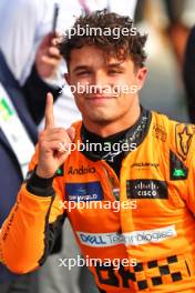 Lando Norris (GBR) McLaren celebrates his pole position in qualifying parc ferme. 31.08.2024. Formula 1 World Championship, Rd 16, Italian Grand Prix, Monza, Italy, Qualifying Day.