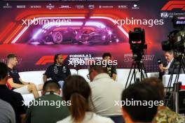 (L to R): Nico Hulkenberg (GER) Haas F1 Team; Lewis Hamilton (GBR) Mercedes AMG F1; and Charles Leclerc (MON) Ferrari, in the FIA Press Conference. 29.08.2024. Formula 1 World Championship, Rd 16, Italian Grand Prix, Monza, Italy, Preparation Day.