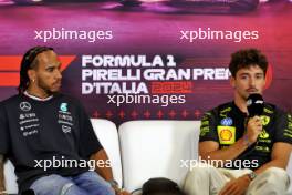 (L to R): Lewis Hamilton (GBR) Mercedes AMG F1 and Charles Leclerc (MON) Ferrari in the FIA Press Conference. 29.08.2024. Formula 1 World Championship, Rd 16, Italian Grand Prix, Monza, Italy, Preparation Day.