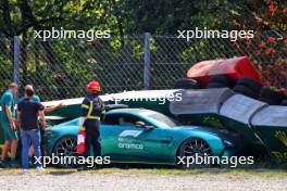 The Aston Martin FIA Safety Car is extracated from the tyre barrier after it crashed at the Parabolica. 29.08.2024. Formula 1 World Championship, Rd 16, Italian Grand Prix, Monza, Italy, Preparation Day.